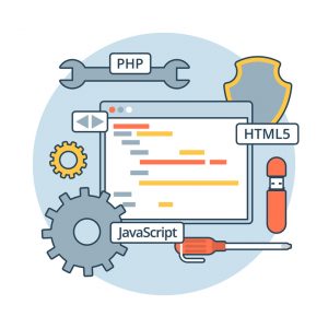 Linear Flat web application code vector illustration. App development concept. PHP, JavaScript, HTML5, cogwheels, screwdriver and program editor interface.